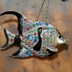 Rhinestone Crystal Tropical Island Fish Necklace Brooch Hawaiian Beach Nautical